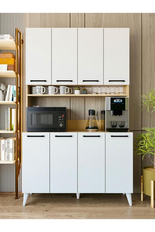 Çok Amaçlı Dolap Parlak Beyaz Marbella Kahve Köşesi 8 Kapaklı Dolap