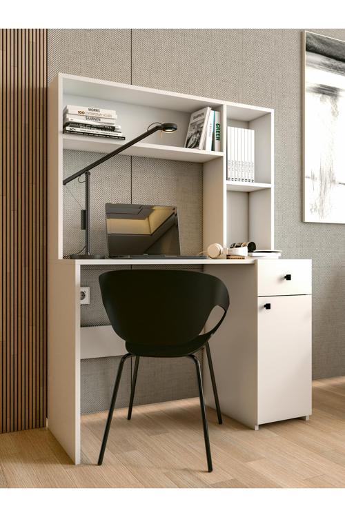 Çalışma Masası Parlak Beyaz Kitaplıklı Raflı Modern Masa