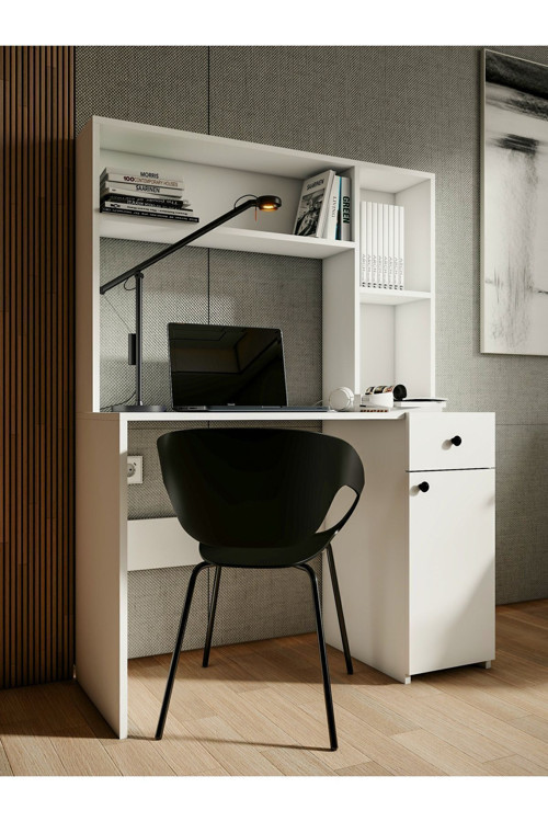 Çalışma Masası Parlak Beyaz Kitaplıklı Raflı Masa