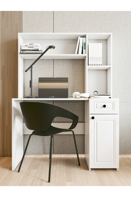 Çalışma Masası Country Bilgisayar Masası Parlak Beyaz Kitaplıklı Raflı Ofis Ders Masası