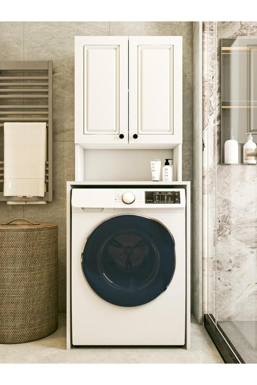 Çamaşır Makinesi Dolabı Parlak Beyaz Modern Banyo Dolabı