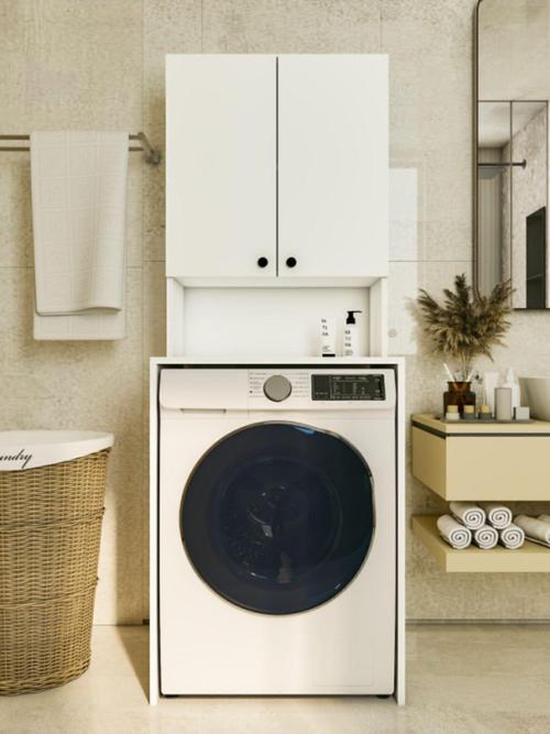 Çamaşır Makinesi Üstü Düzenleyici Parlak Beyaz Banyo Dolabı