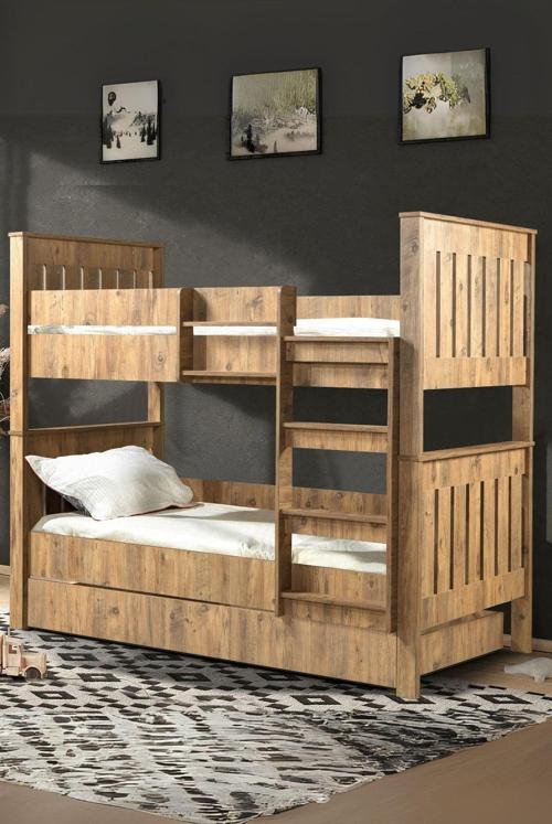Santra 3'Lü Ceviz Suntalam Yavrulu Ayrılabilir Yüksek Kalite Premium Merdivenli Ranza 90X200