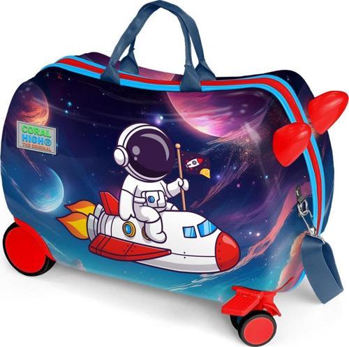 Kids Kırmızı Lacivert Astronot Desenli Otur-Çek Çocuk Valizi 16364