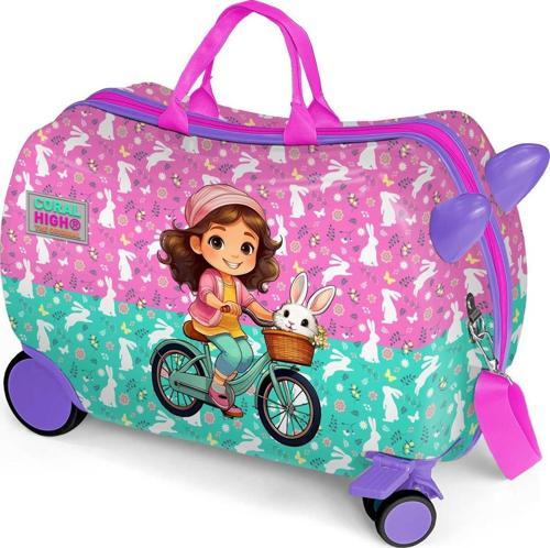 Kids Mor Pembe Bisikletli Kız Desenli Otur-Çek Çocuk Valizi 16356