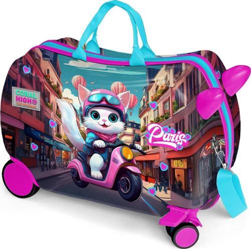 Kids Pembe Motorlu Kedi Desenli Otur-Çek Çocuk Valizi 16358