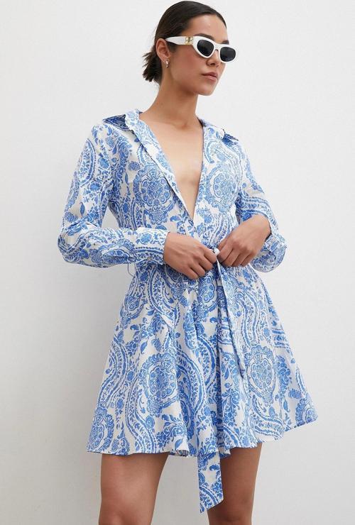 Godeli Desenli Elbise Mavi