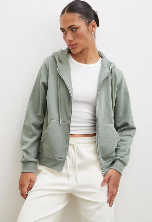 Fermuarlı Kapüşonlu Sweatshirt Yeşil