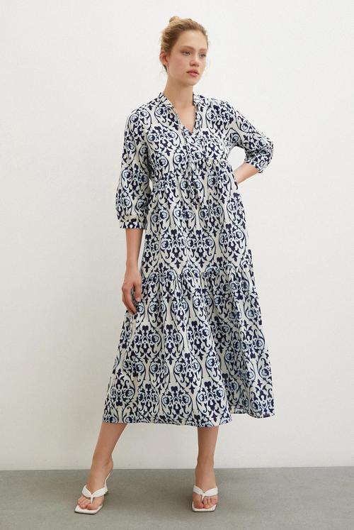 Hakim Yaka Desenli Maxi Elbise Lacivert