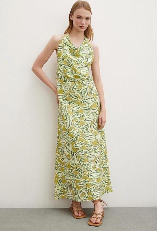 Degaje Yaka Maxi Elbise Yeşil