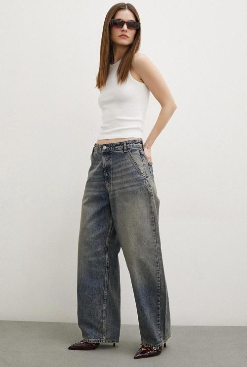 Yüksek Bel Baggy Jean Lacivert