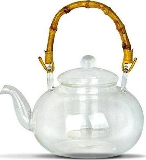 Bambu Saplı Cam Süzgeçli Cam Bitki Çayı Demliği 1000ML