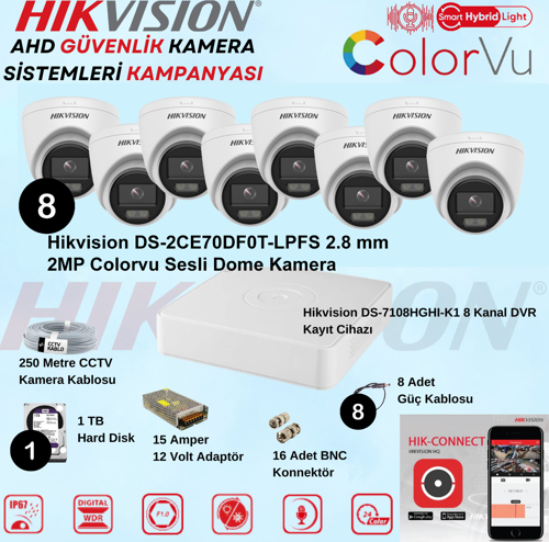 Sesli Smart Hybrid Light 8 Adet Dome 2 Mp Güvenlik Kamera Seti