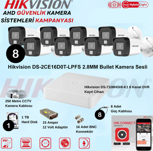 Sesli Smart Hybrid Light AHD 8 Adet Bullet Kamera 2 Mp Güvenlik Kamera Seti