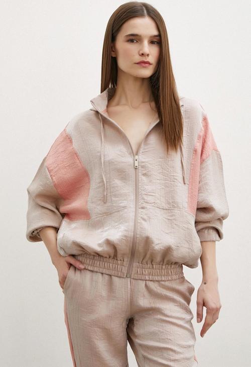 Fermuarlı Garnili Sweatshirt Bej