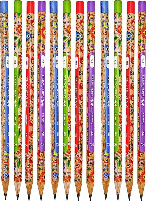 Renkli Flowers Çiçek Desenli Yuvarlak 2B Kurşun Kalem - 12 Adet