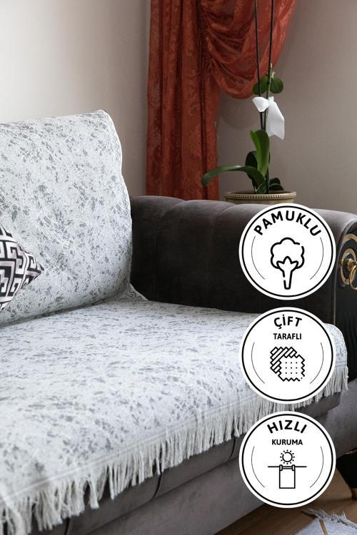 Mozaik Pamuklu Saçaklı Koltuk - Çekyat Örtüsü 170x220 - Gri