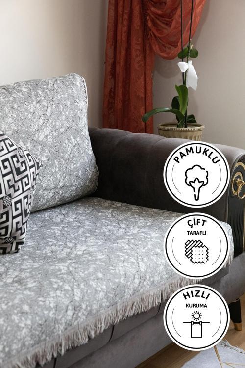 Mozaik Pamuklu Saçaklı Koltuk - Çekyat Örtüsü 170x220 - Kahve