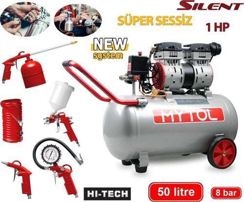 Mytol 50 Litre 8 Bar Süper Sessiz Kompresör 5 Li Havalı Setli Hava Kompresörü 1 HP Beyaz