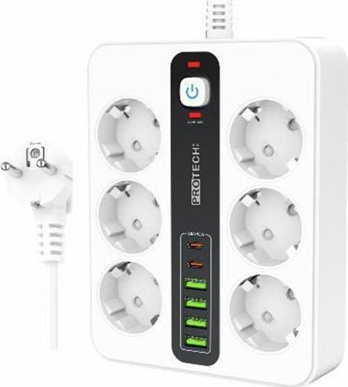 3000W Akım Korumalı 4 USB'li ve 2 TYPE-C li 6'lı Grup Priz 2 m Uzatma Kablosu Beyaz