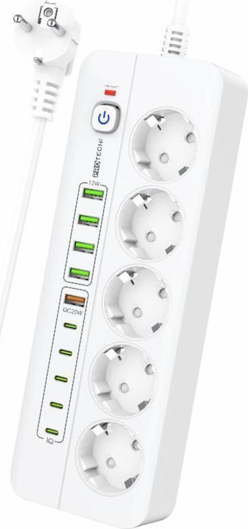 3000W Yeni Tasarım Akım Korumalı 5 USB'li ve 5 TYPE-C li 5'lı Grup Priz 2 m Uzatma Kablosu Beyaz
