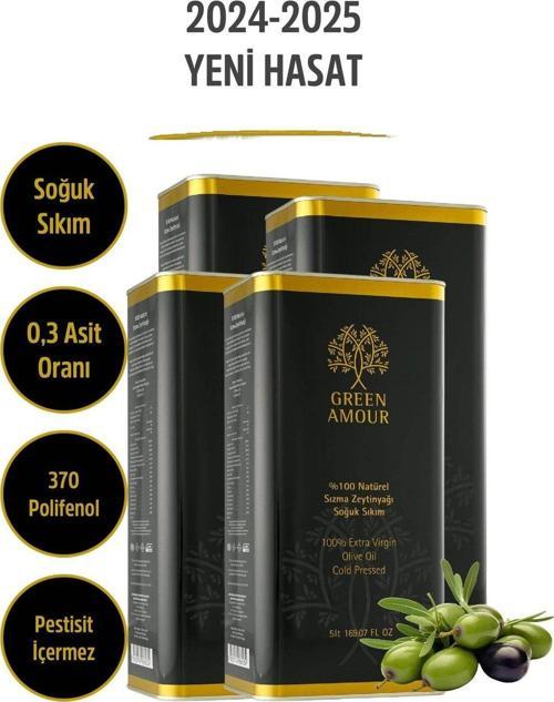 20 Litre (4X 5Lt) Yeni Hasat Soğuk Sıkım 0,3 Asit 370 Polifenol Pestisitsiz Naturel Sızma Zeytinyağı
