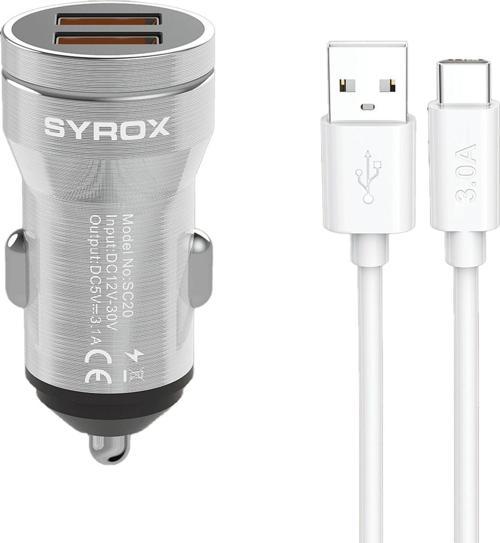 SC20T 3.1A Q.C. 3.0 1mt USB-A - Type-C Kablolu 2xUSB-A Port Çıkışlı Hızlı Araç Şarj Cihazı - Gri