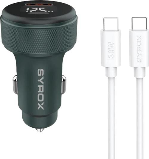 SC30T 3.1A 30W PD Q.C. 3.0 1mt Type-C - Type-C Kablolu Dijital Ekranlı 1xType-C + 1xUSB-A Port Çıkışlı Hızlı Araç Şarj Cihazı - Siyah