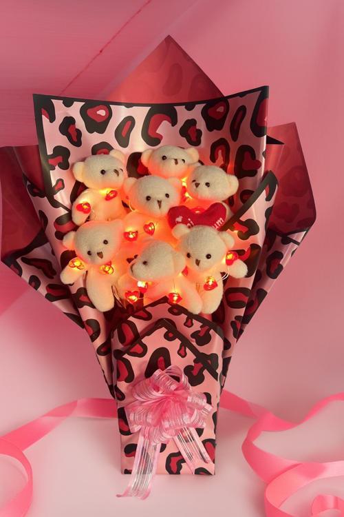 Sevgiliye Özel Kalp Led Işıklı Romantik 9 Peluş Ayıcık Buketi