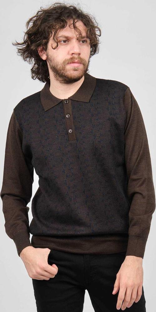 Erkek Desenli Polo Yaka Yün Kazak 1572001 Kahverengi