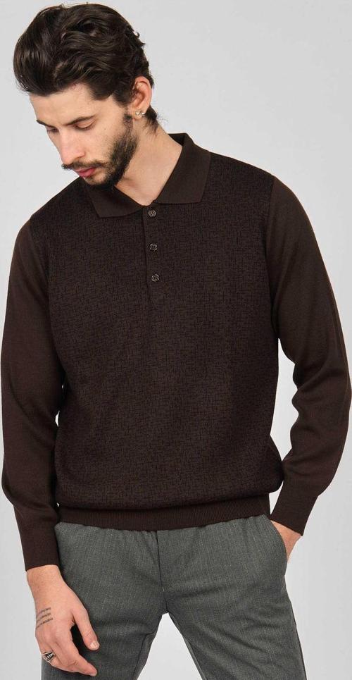 Erkek Desenli Polo Yaka Yün Kazak 1571033 Kahverengi