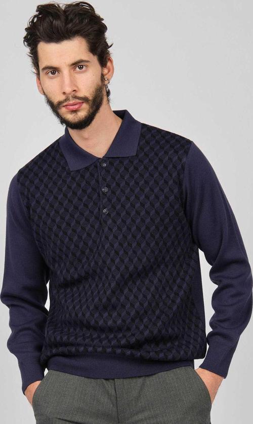 Erkek Desenli Polo Yaka Yün Kazak 1571133 Indigo