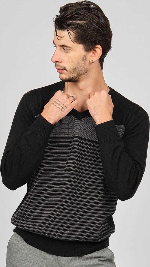 Erkek Desenli V Yaka Yün Kazak 0249640 Siyah