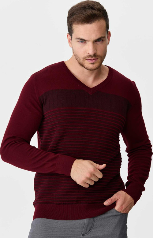 Erkek Desenli V Yaka Yün Kazak 0249640 Bordo
