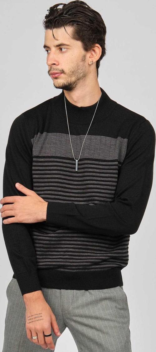 Erkek Desenli Yarım Balıkçı Yün Kazak 0249641 Siyah