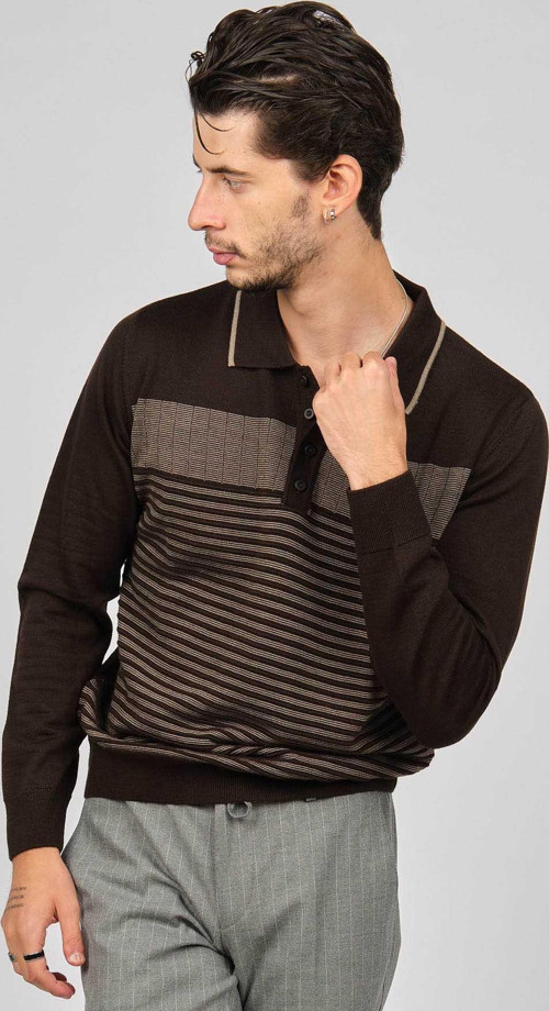 Erkek Desenli Polo Yaka Yün Kazak 0249642 Kahverengi