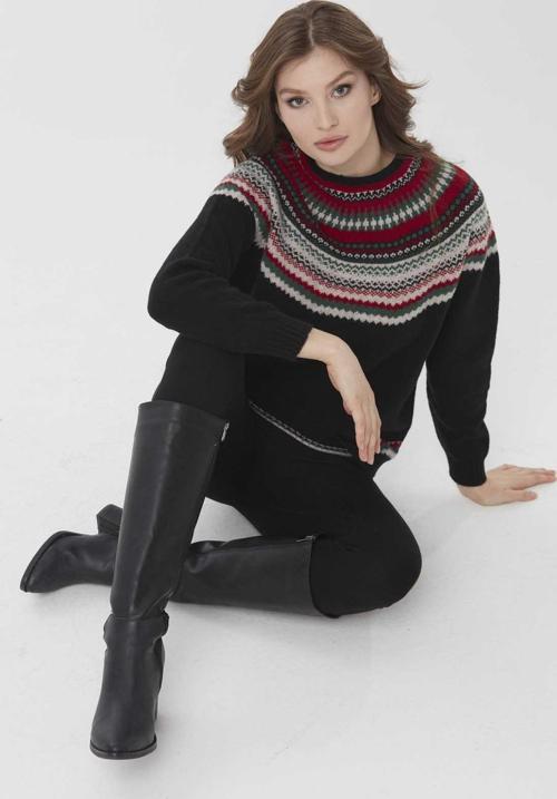 Kadın Sıfır Yaka İşleme Desenli Yün Kazak 0242086 Siyah