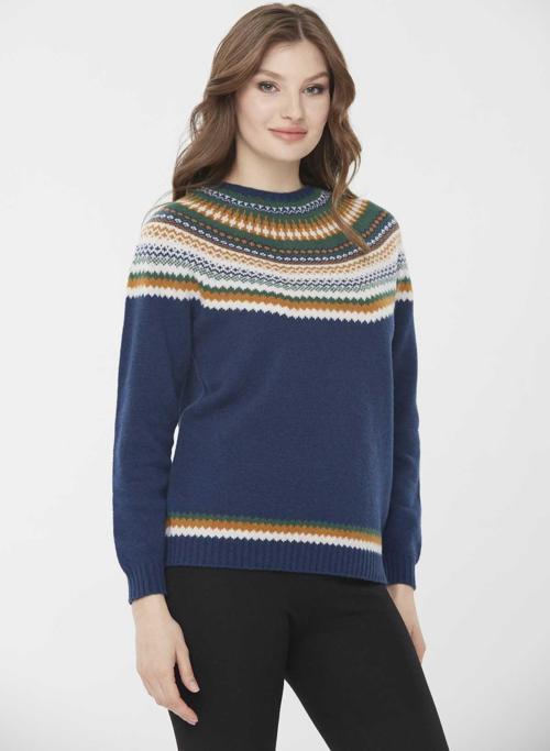 Kadın Sıfır Yaka İşleme Desenli Yün Kazak 0242086 Lacivert