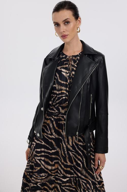 Kadın Metal Süs Düğmeli Deri Mont 6007 Siyah