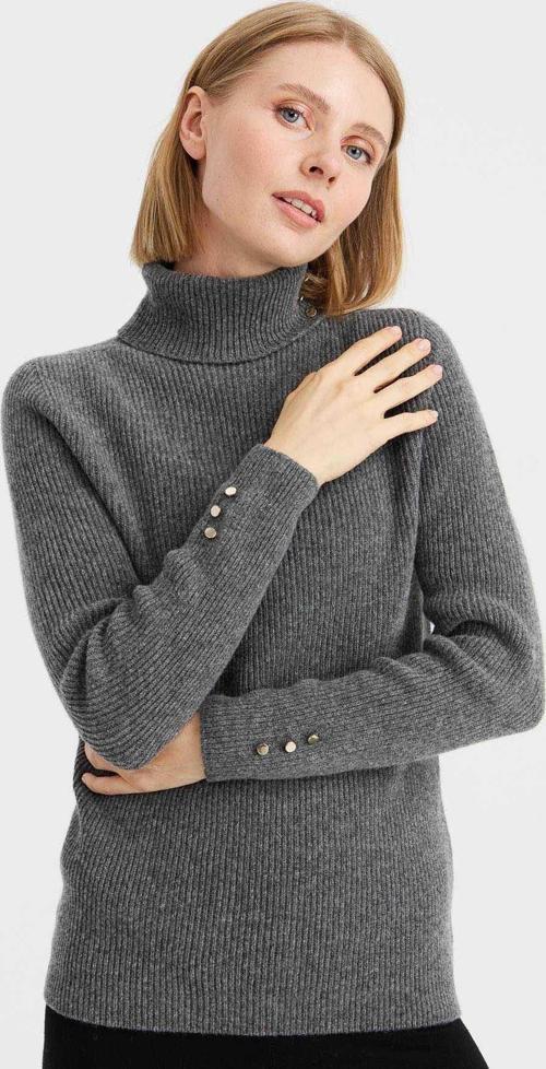 Kadın Tam Balıkçı Yaka Kol Ucu Düğmeli Yün Kazak 23159 Füme