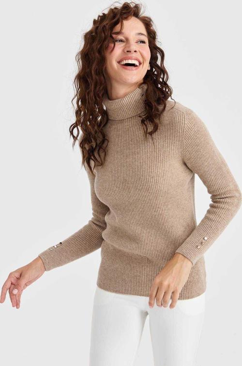 Kadın Tam Balıkçı Yaka Kol Ucu Düğmeli Yün Kazak 23159 K. Bej