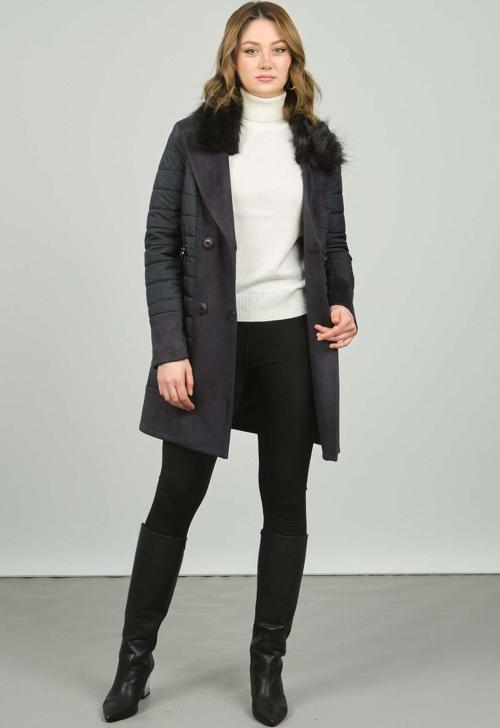 Kadın Kürk Detaylı Uzun Kaban 4223346 Lacivert