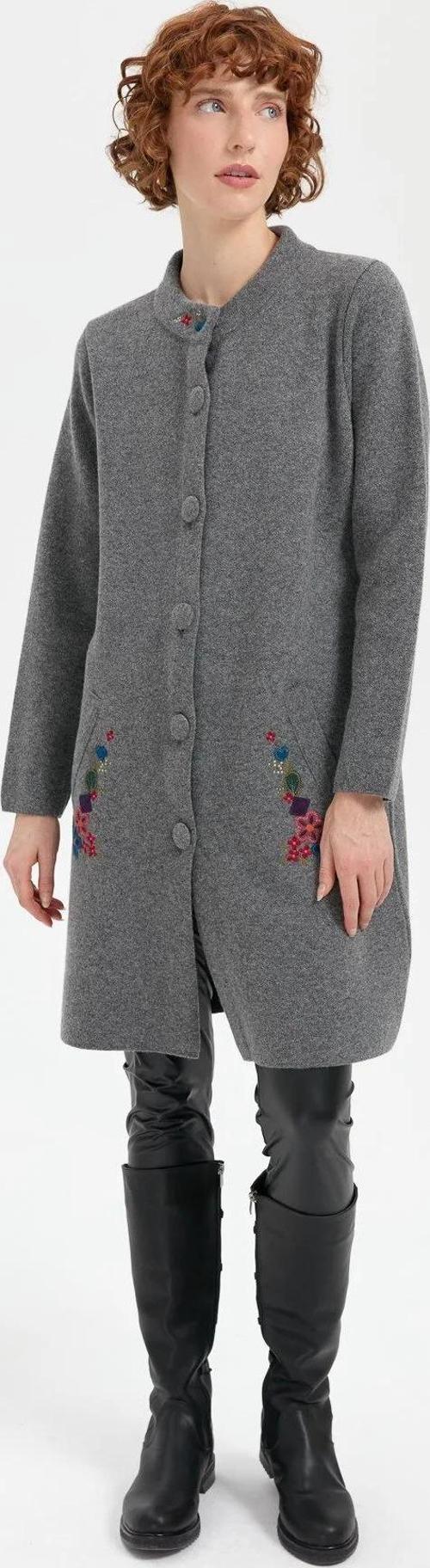 Kadın Dik Yaka Cebi İşlemeli Uzun Yün Kaban 24012 Füme