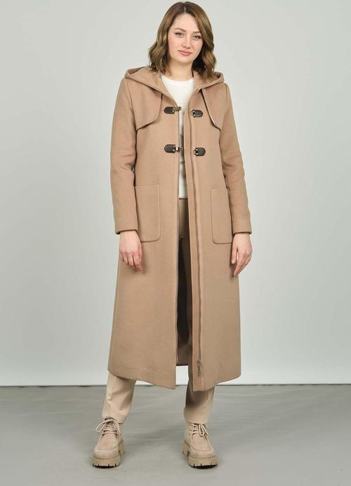 Kadın Kapüşonlu Uzun Kaban 3155 Bej