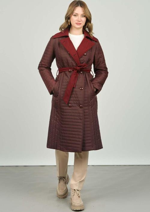 Kadın Belden Bağlamalı Uzun Kaban 3254 Bordo