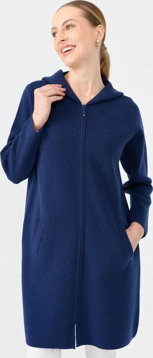 Kadın Kapüşonlu Fermuarlı Basic Uzun Yün Kaban 24044 Indigo