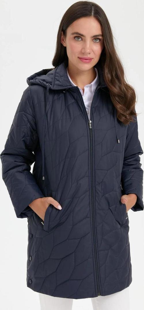 Kadın Yanları Çıtçıtlı Yaprak Desenli Kapüşonlu Araboy Kapitone Kaban 24419 Lacivert