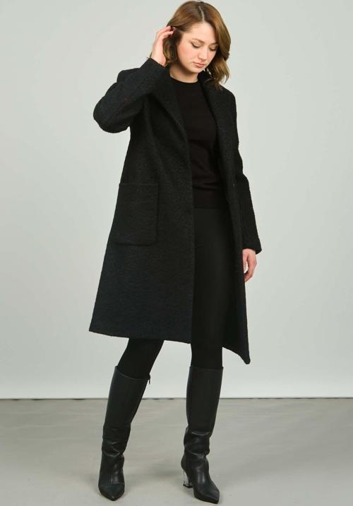 Kadın Rahat Kalıp Çıt Çıt Kapamalı Yünlü Peluş Kaban 3464 Siyah