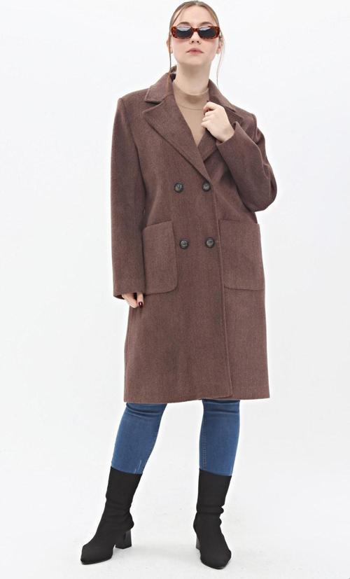 Kadın Çift Cep Detaylı Yünlü Kaşe Kaban 3440 Kahverengi