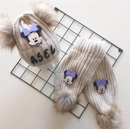 Bebek Kız Çocuk İsimli Bej Lila Minnie Çift Ponponlu Atkı Bere Takımı